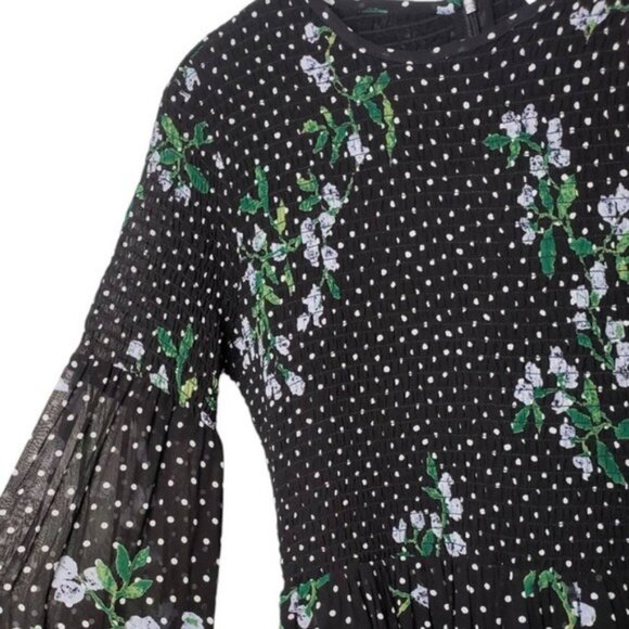 GANNI The Vikki Shirred‎ Printed Chiffon Midi Dress with Pockets - Black - Picture 7 of 12